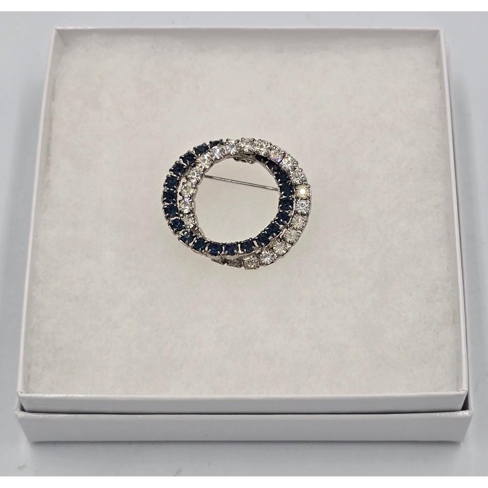 Vintage MidCentury Intertwined Double Circle Wreath Brooch Blue Clear Rhinestone